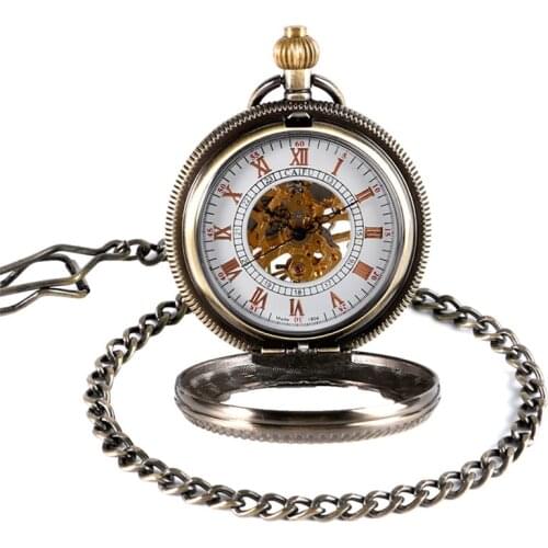 Bronze Transparent Cover Half Hunter Handwinding Mechanical Pocket Watch for Men Women Roman Number Dial Pendant Chain Gift
