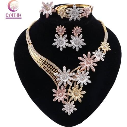 CYNTHIA Nigeria Luxury Wedding Flower Jewelry Set Dubai Gold Bead Necklace Bracelet Earrings Ring Set for Women