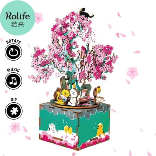 Robotime DIY Wooden Music Box 3D Rotatabl Cherry Tree Cat Party Assembly Puzzle Game Building Model Toys Gift for Children Girls