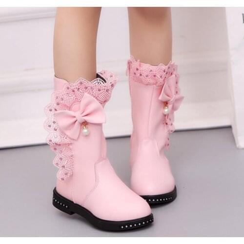 ChildrenS Winter Boots for Girls Rhinestone Flower Fashion Plush Long Boots Princess Flats Dress Shoes Snow Martin Boots