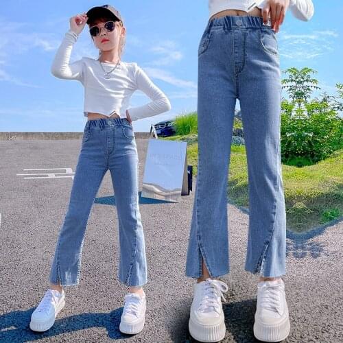 Children Denim Pants Fit Slim Split Fashion Bottom Of A Trouser Leg Spring Autumn Young Girls Skinny High Waisted Korean Jeans