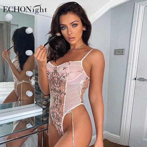 Echonight Womens overalls Lace Body Sexy Bodysuit Transparent Women Rompers Floral Embroidery Lace up Body suit Female Body