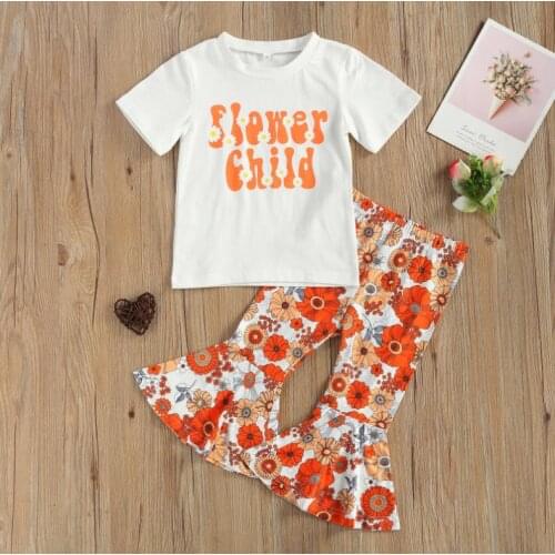 2 Pieces Kids Suit Set Girls Floral Print Round Neck Shirt Sleeve T-Shirt Flared Trousers Summer Childrens Sets 2-7 Years