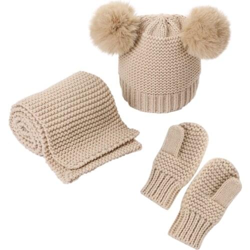 Gloves Scarf Hat Set Two Pompom Baby Beanie Cap Woolen Warm Headwear Kids Outdoor Accessories Christmas Gift Mix Color