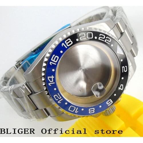 Solid BLIGER 43MM Stainless Steel Case Blue Black Ceramic Bezel Sapphire Crystal Watch Case Fit For ETA 2836 Movement C58