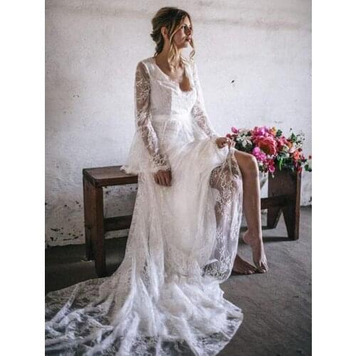 Boho Lace Wedding Dresses for Bride 2021 Long Puffy Sleeve V Back Bridal Gowns vestido de noiva