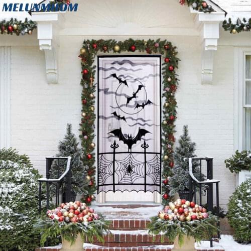 Bat Pattern Lace Door Curtains for Kitchen Halloween Black Sheer Curtain for Living Room Tulle Window Treatments Home Decorative