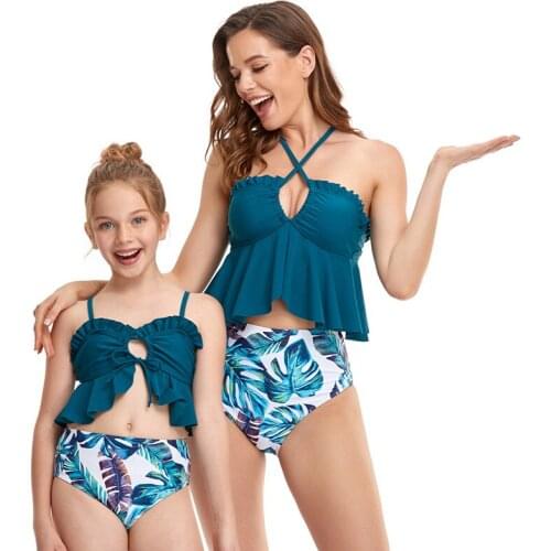 Parent-Child Swimwear Halter Swimsuit For Girls Leaf Print Tankini High Waist Beach Swimsuit Maillot De Bain Bikinis 2021 Mujer