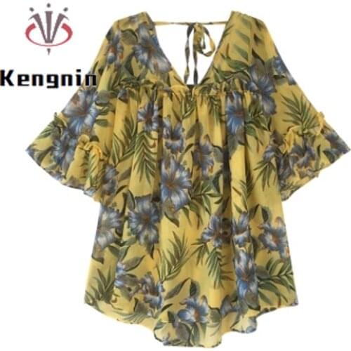 Summer Flare Sleeve Womens Shirts 2021 Oversize Print Floral Lady Tops Sexy Off The Shoulder Chiffon Blouse Bow Blause KE1455