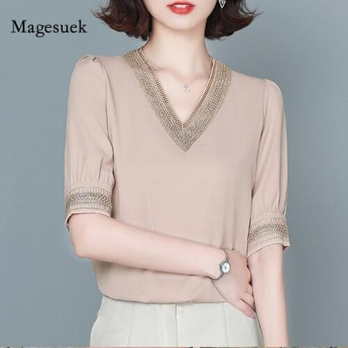 Summer V-neck Silk Satin Tshirt Plus Size Embroidery Short Sleeve Tee Casual Loose Office Lady Solid T-Shirt Women Clothes 13460