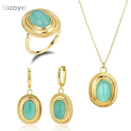 LOZOYA 925 Sterling Set Rock Punk Silver Transparent Turquoise Ovals Drop Earring Ring Necklace Jewelry 2020 Fine Jewelry
