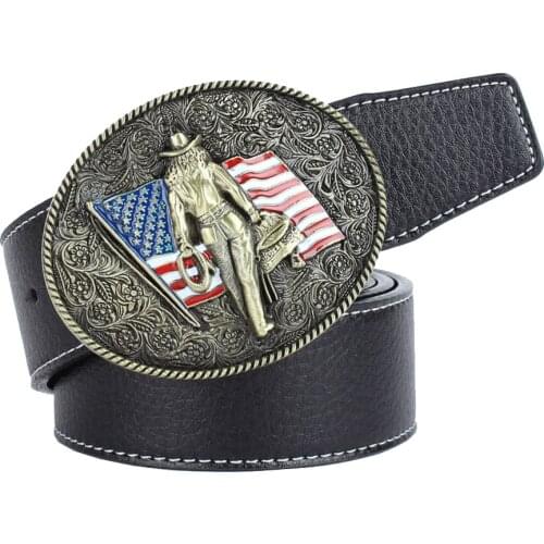 Men Fashion Cowboy American Flag Knight Leather Pin Buckle Strap Belt