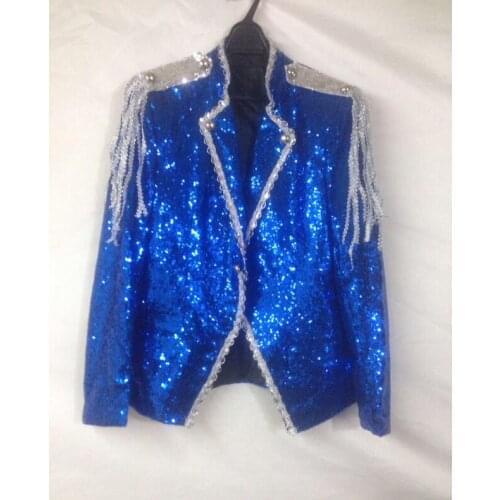 Mens One Button Royal Blue Sequin Dress Blazers With Bowtie Nightclub DJ Prom Suit Jacket Men Host Banquet Party Stage Costume