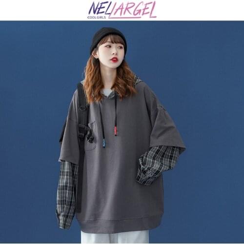 NELLARGEL Women Plaid Patchwork Vintage Harajuku Hoodies 2021 Female Korean Fashion Kawaii Hoodies Girl Japanese Causal Hoodies