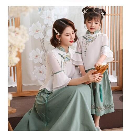 2021 Hanfu New Chinese Traditional Clothing Cotton Linen Mom Daughter Cheongsam Embroidery Shirt Tops+Skirts Set Retro Tai Chi