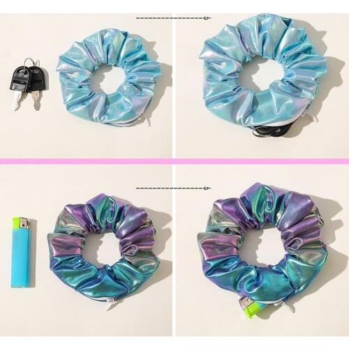 New Creative Designs Laser color Zipper Scrunchies Women PU Leather Hairbands Pocket Scrunches With Zip Hair Accessories