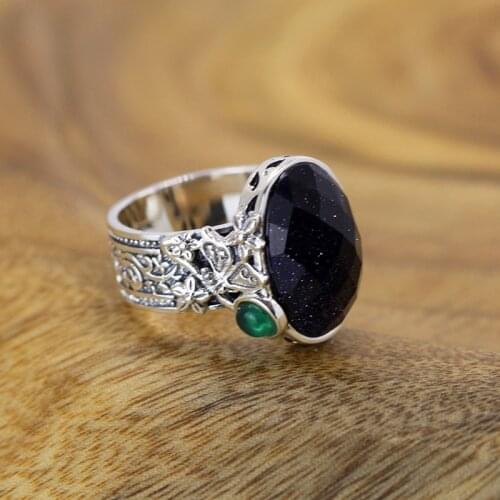 New S925 Silver Jewelry Retro Ladies Faceted Blue Sandstone Ring