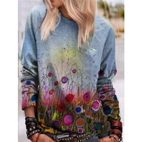 Womens fashion long sleeve flower digital print pullover sweater 2021Femme