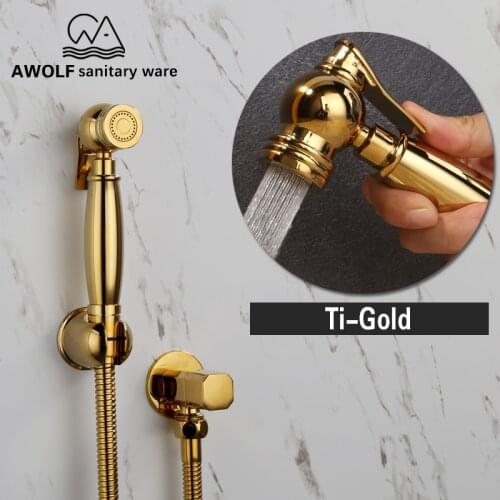 Hand Held Bidet Sprayer Shiny Titanium Gold Solid Brass Toilet Douche Kit Shattaf Shower Head Copper Valve Faucet Set AP2107