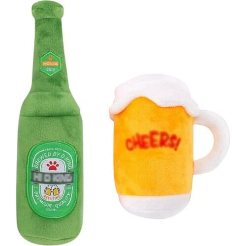 Dog Toys Plush Squeaky Beer Bottle And Glass Shape Dog Chew Toy Bite-Resistant Dog Teeth Cleaning Training Pet Supplies