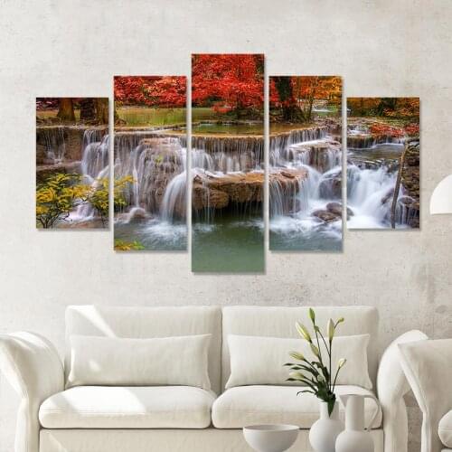 Modern 5 Panel Landscape of Waterfall HD Posters Canvas Painting Living Room Print Picture Wall Art Interior Home Decor Frame