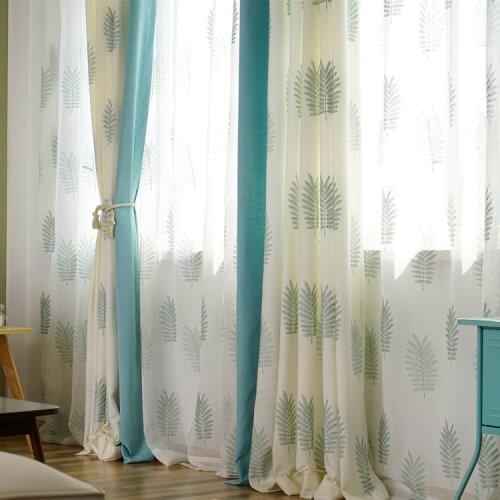 Green Leaves embroidered fabric and blue fabric Spliced curtains For Living Room Bedroom Window Modern Sheer Tulle And Curtains