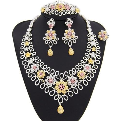 Yulaili Wedding Bridal Elegant Flower Shape Necklace Earrings Bracelet Ring Dubai Gold Jewelry Sets for Women Accessories
