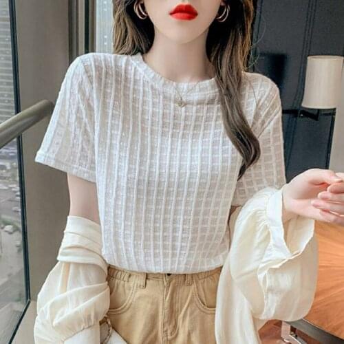 New Women Solid Tops for Women Plus Size Summer Casual T-shirts Plaid Short Sleeve O-neck Ladies White Blue Tees Blasas Mujer XL