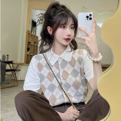 Retro Y2K Argyle Knitted Cardigan Women 2021 Summer Fashion Polo Collar Single Breasted Shirt Preppy Style Short Sleeve Top