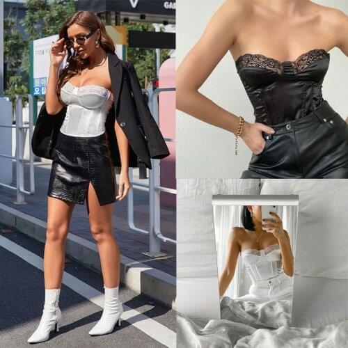 Womens Summer Strapless Off Shoulder Crop Top Zip Back Fish Boned Slim Bustier Corset Sexy Lace Patchwork Satin Body Shaper Band