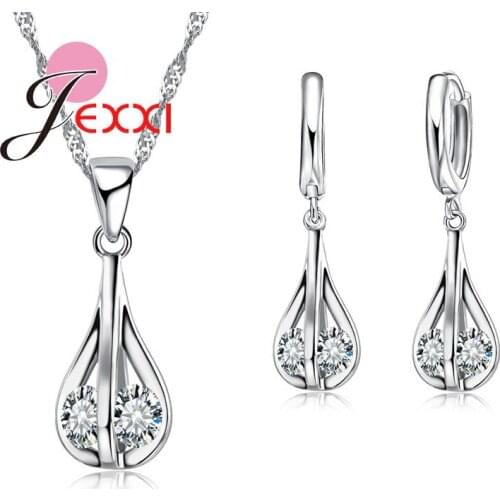 New Arrival Sparkling Water Drop CZ Stone Pendant 925 Sterling Silver Jewelry Sets For Girls Woman Trendy Wedding