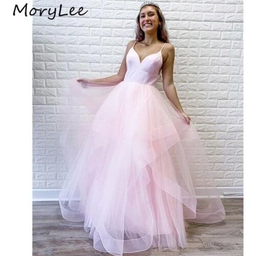 Loveley Evening Dresses 2020 V-Neck Spaghetti Straps Floor Length Soft Tulle Evening Dresses vestidos de fiesta de noche