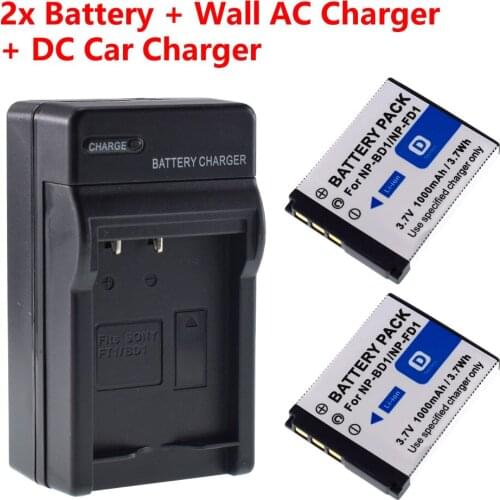2x Replacemet Pack Battery + Home&Car Charger for Sony NP-BD1 FD1 Type D Lithium Camera