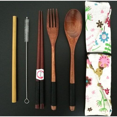 6pc/set Wooden Tableware Set Portable Cutlery Sets with Useful Spoon Fork Chopsticks Travel Gift Dinnerware Suit with Cloth Bag