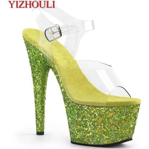 7 inch pole dancing boots, 17 cm stiletto heels, green sequined fabric root sexy nightclub model party stage sandals