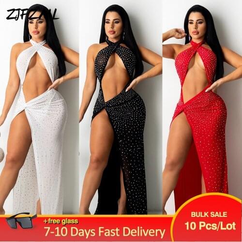 Bulk Items Wholesale Lots Women Maxi Dresses Simple Sexy Halter Neck Side High Split Vestido Fashion Open Back Party Club Dress