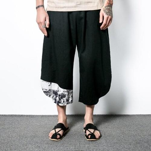 New Mens Wide Crotch Harem Pants Loose Large Casual Cropped Trousers Wide-legged Bloomers Chinese Style Flaxen Baggy Men Pants