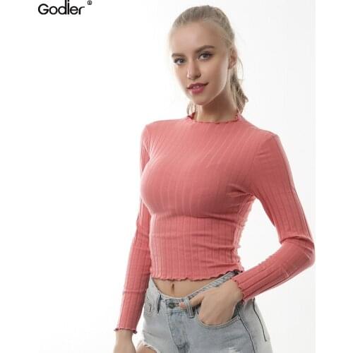 Godier 2020 Real Tumblr Casual Womens Wear Spring Clothes Article Pit Slim Fit Off-shoulder Crop Top Stripe Sleeve T-shirt