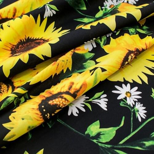 Black color sunflower pure cotton fabric for dress платье tissus au mètre telas por metro sewing ткань для шитья vestidos coton