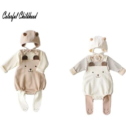 Cartoon bear design newborn baby romper Spring autumn suspender jumpsuit for boy/girls sleeveless overalls+hat toddler clothing