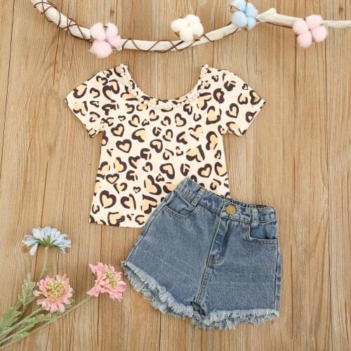 Toddler Infant Girl Summer Casual Outwear Set Cotton Short Sleeve Leopard T-shirt + Tassel Denim Short Pants Kids Clothes