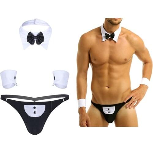 3Pcs Set Mens Waiter Lingerie Suit Sexy Open Back Tuxedo G-string Thong Underwear with Bow Tie Collar Bracelets Cosplay Outfit