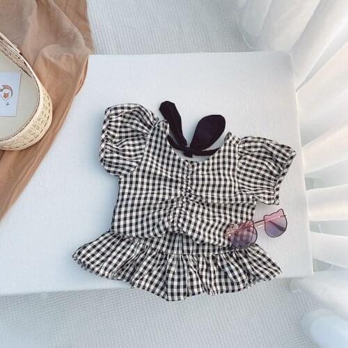 Girls Plaid Casual Set 2021 Summer New Cute Baby Costume Bowknot Top Short Skirt Two-piece Childrens Clothing