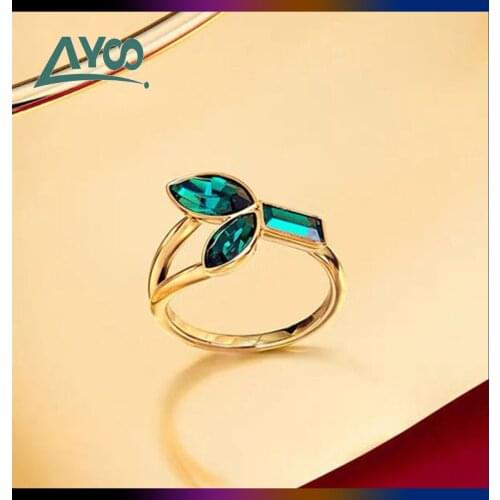Fashion Jewelry High Quality SWA Charm Retro Plant Green Crystal Bud Green Leaf Bamboo Lady Ring Best Gift Rings for Women