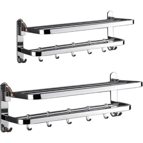 Stainless Steel Wall Mounted Foldable Bath Towel Rack Rail Holder Punch-Free Bathroom Storage Shelf with 4 Sliding Hooks