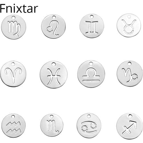 Fnixtar 12mm Never Fade Stainless Steel Twelve Zodiac Charms DIY Constellation Mini Charms Jewelry Making Wholesale 12pcs/lot
