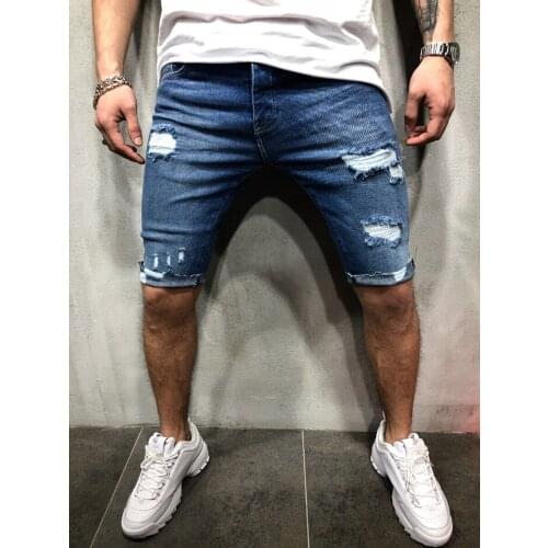 The Latest Men Knee-Length Short Fashion Denim Casual Blue Jeans Daily Stretch High Waist Stretch Ripped Shorts