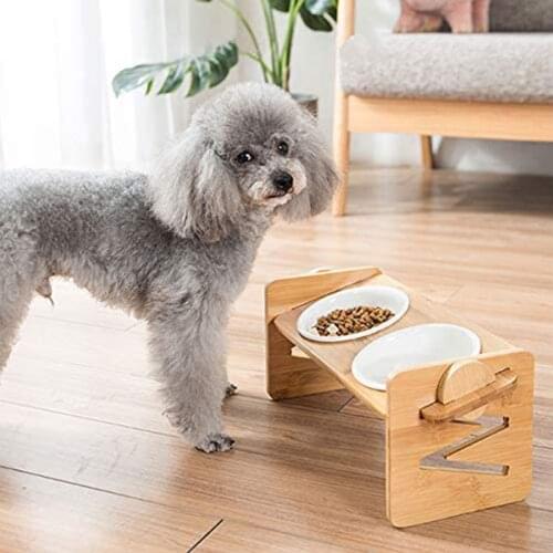 Dog Cat Bowls Stand Elevated Heights Adjustable Bamboo Food Water Dishes Wooden Stand Puppy Pet Cat Neck Care Raise Stand Bowl
