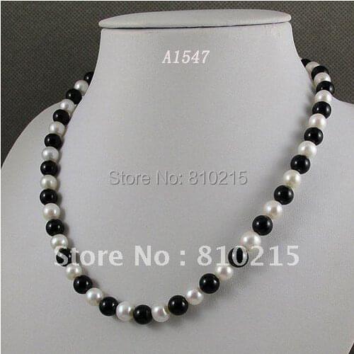 Stunning! AA 7-8MM White Color Freshwater Pearl & Black Agate Necklace Fashion Womens Jewelry Wholesale Free Shipping A1547