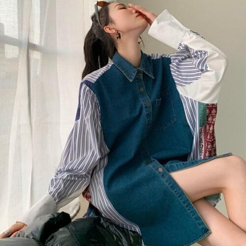 Long Sleeve Straight Shirt Dress 2021 Spring Female Loose Vintage Turn Down Collar Single Breasted Panelled Print